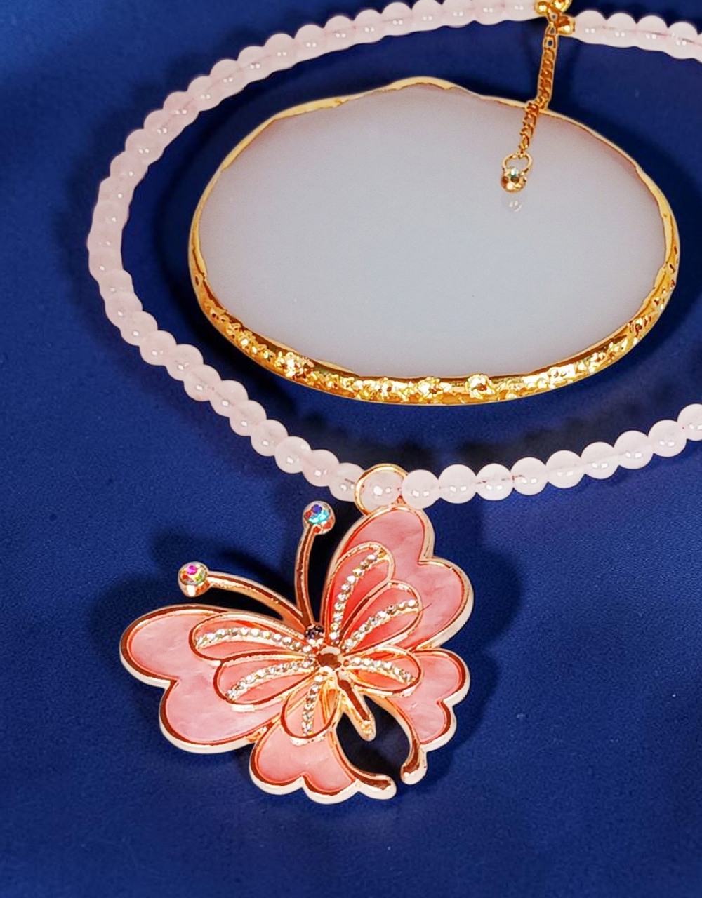 Rose Quartz Beaded Necklace Pink Butterfly Pendant 2000s Cottagecore Dollette